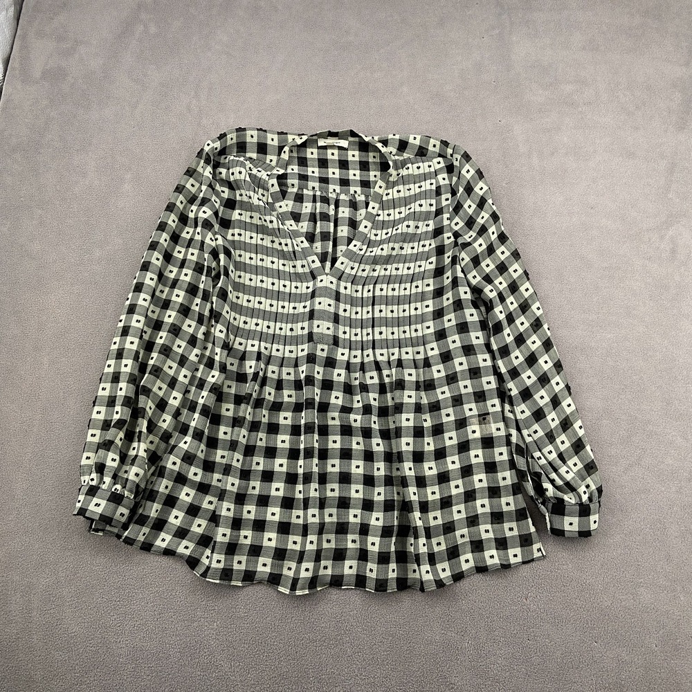 Max Studio Blouse Top‎ Sz S Multi Check Swiss Dot Pleated V Neck Modern Babydoll